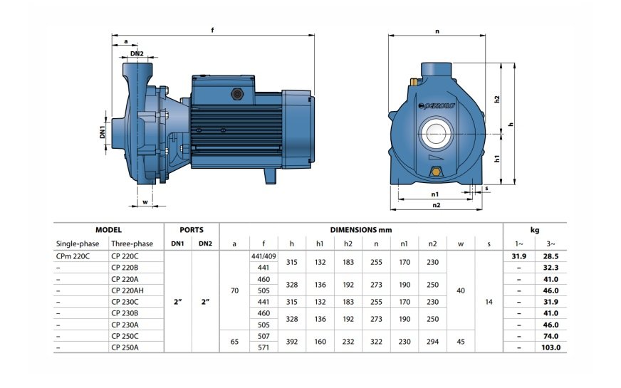 CP 220-230 pedrollo santrifüj pompa teknik boyutları